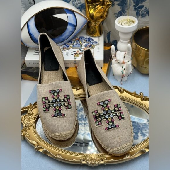 🆕 TORY BURCH 🧿 NWOB Ines Linen & Leather Bejewelled Espadrilles - Sz  9 M - Picture 4 of 13